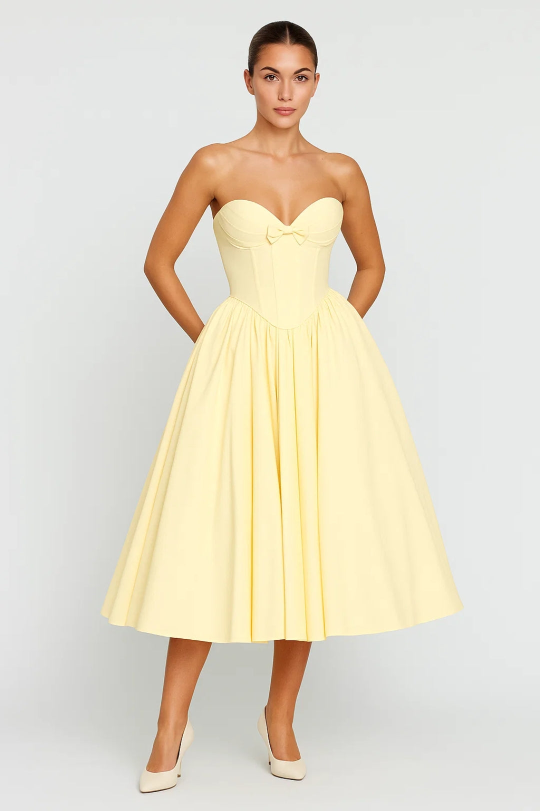 Midikleid | Schulterfrei | Taillenbetont mit Schleifendetail