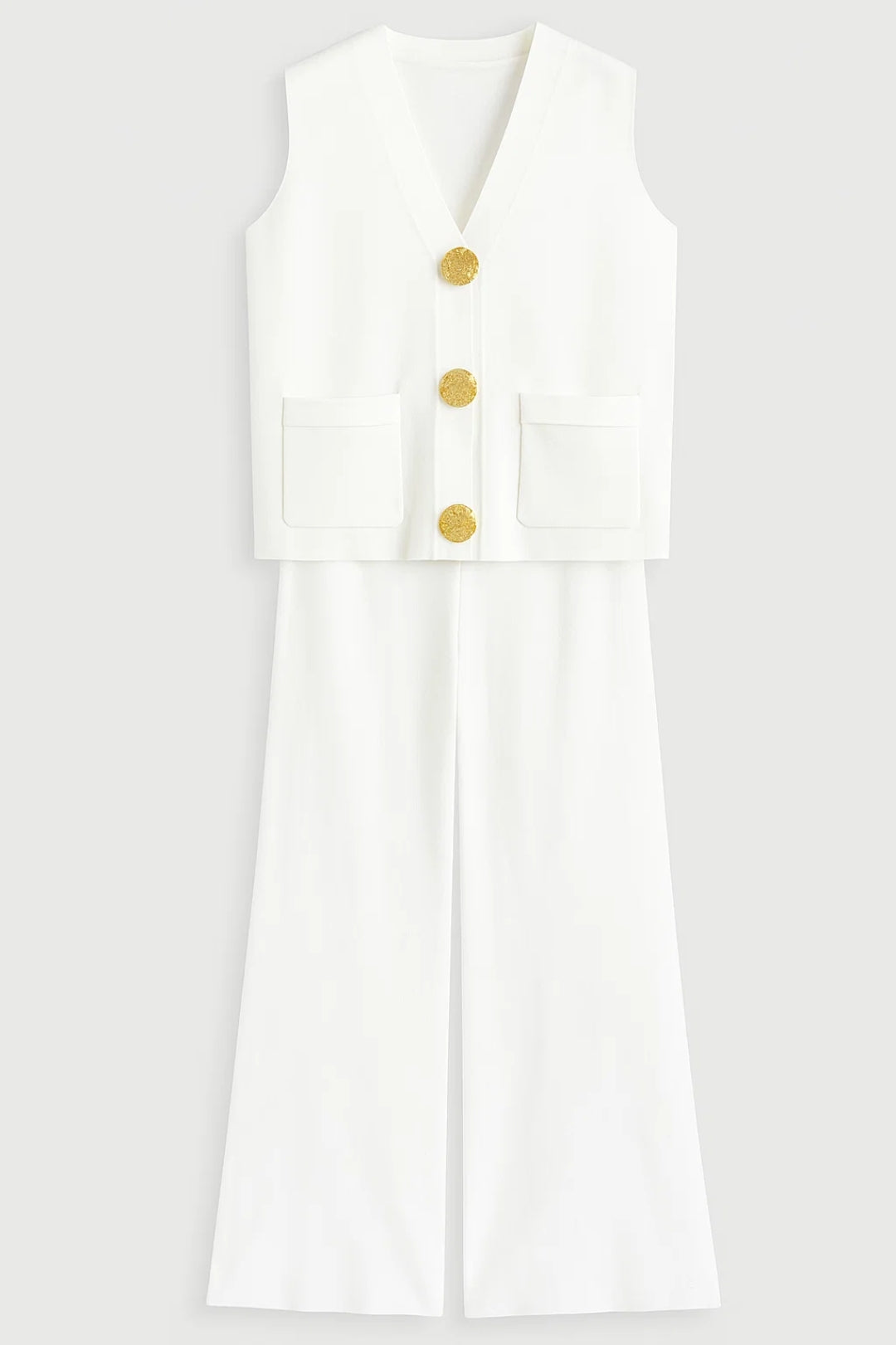 Zweiteiliges Set | Ärmelloses Oberteil mit Knöpfen & Weite Hose | Schlichte Eleganz