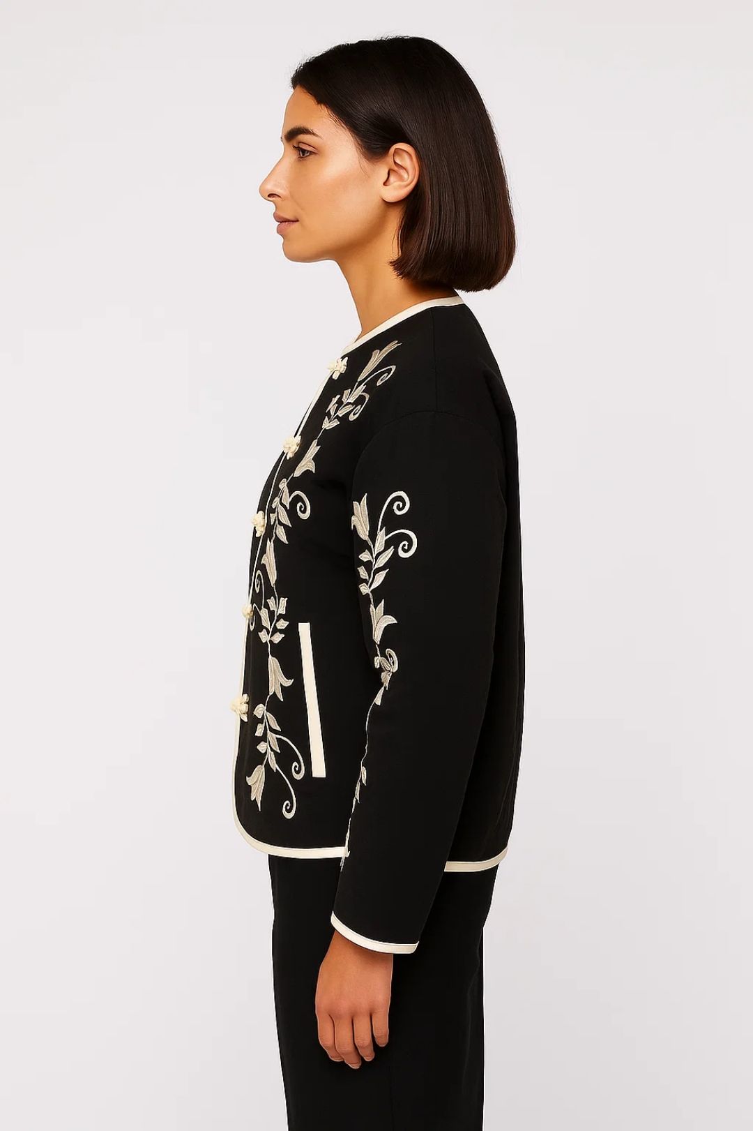 Kurze Jacke | Florale Stickerei mit Hakenverschluss | Eleganter Stil