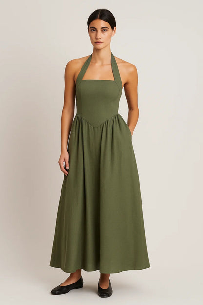 Halterkleid Lang | Figurbetontes Oberteil mit Ausgestelltem Rock | Feminin und Zeitlos