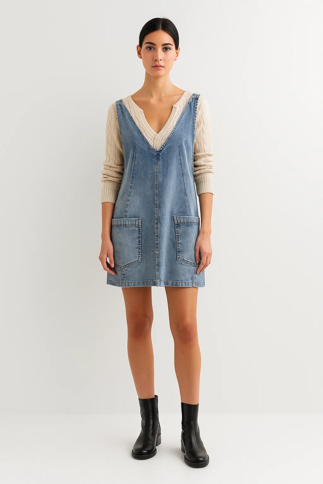 Jeanskleid Kurz | V-Ausschnitt mit Aufgesetzten Taschen | Lässig und Vielseitig