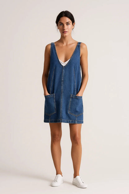 Jeanskleid Kurz | V-Ausschnitt mit Aufgesetzten Taschen | Lässig und Vielseitig