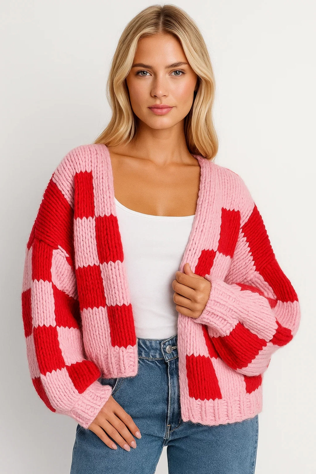 Karo-Strickjacke | Lockerer Schnitt | Verspielte Farbkombination