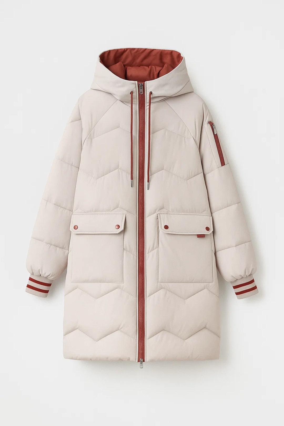 Lange Steppjacke | Mit Kapuze und Kontrastdetails | Warme Schlichtheit