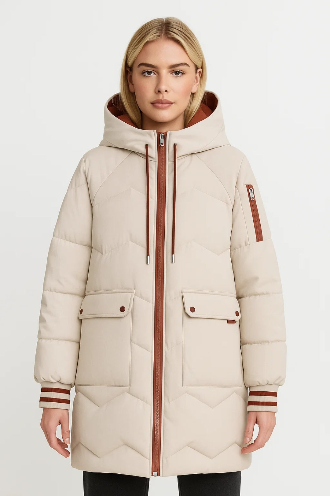 Lange Steppjacke | Mit Kapuze und Kontrastdetails | Warme Schlichtheit