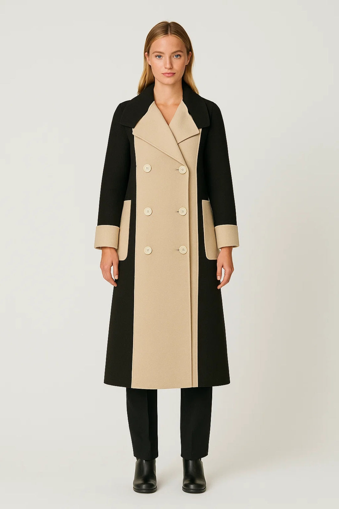 Langer Mantel | Zweifarbiges Design mit Knopfleiste | Klassische Eleganz