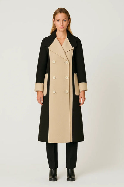 Langer Mantel | Zweifarbiges Design mit Knopfleiste | Klassische Eleganz