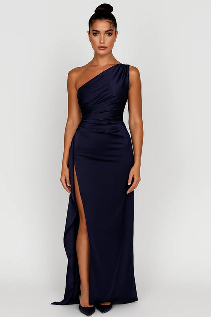 Langes Abendkleid | One-Shoulder | Seitlicher Beinschlitz