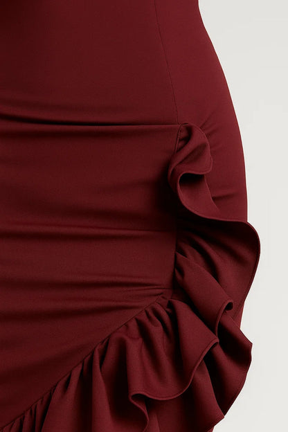 Langes Abendkleid | Schulterfrei | Asymmetrische Volants