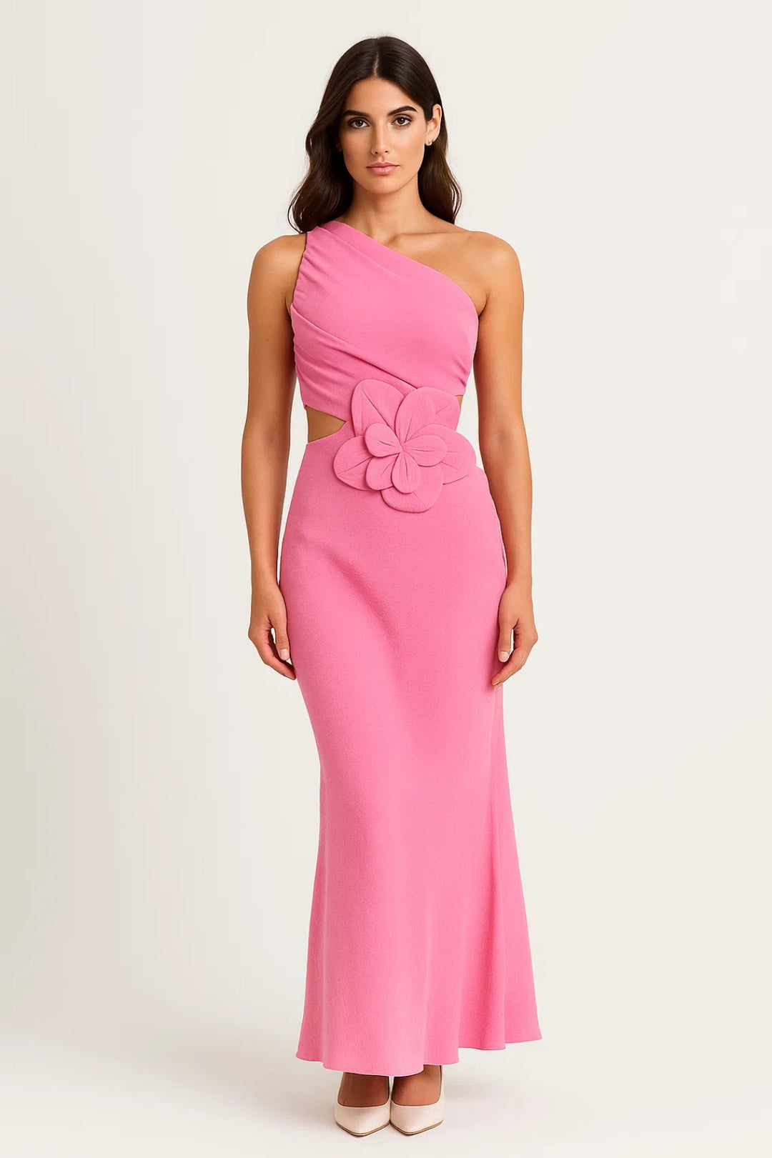 Langes Kleid | Asymmetrischer Schnitt mit Blütendetail | Elegante Raffinesse