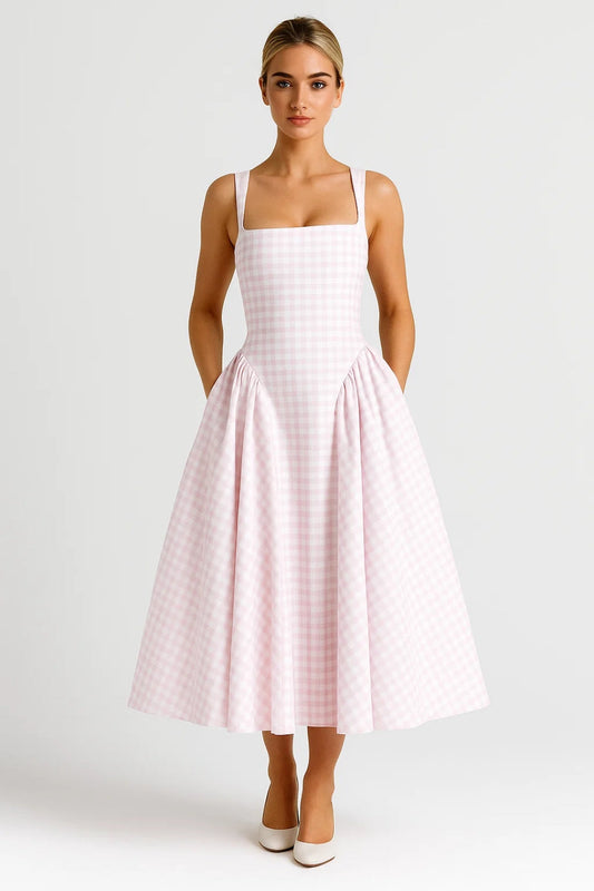 Langes Kleid | Trägerform | Kariertes Muster