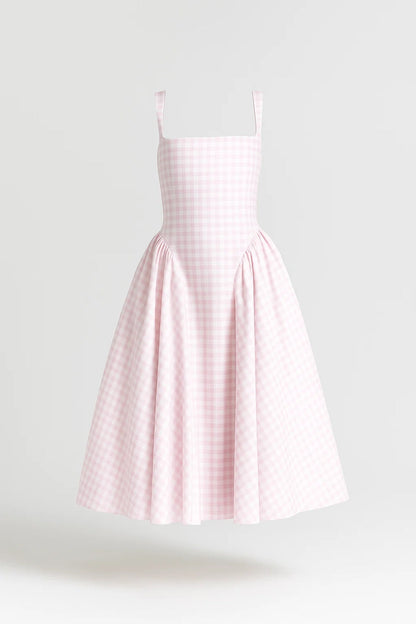 Langes Kleid | Trägerform | Kariertes Muster