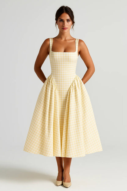 Langes Kleid | Trägerform | Kariertes Muster