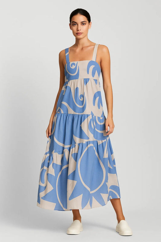 Langes Kleid | Weit geschnitten mit Trägern | Modernes Muster