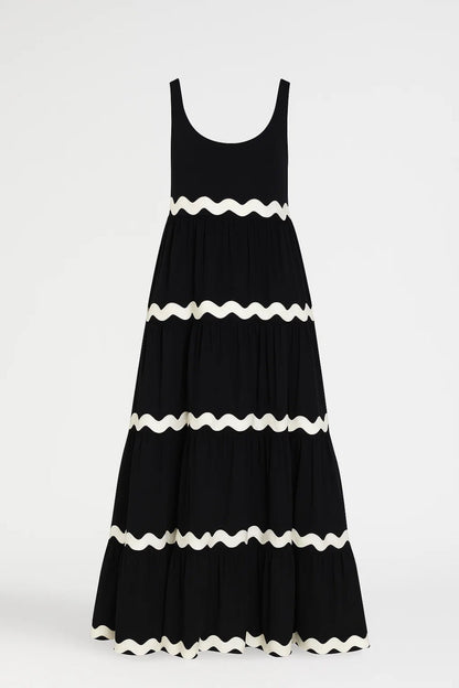 Langes Kleid | Ärmellos | Kontrastmuster mit Wellenlinien