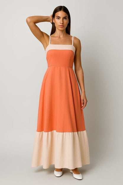 Maxikleid mit Trägern | Zweifarbig mit Ausgestelltem Rock | Sommerlich und Locker