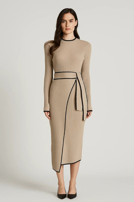 Midi Kleid | Langarm mit Bindegürtel | Klassische Raffinesse