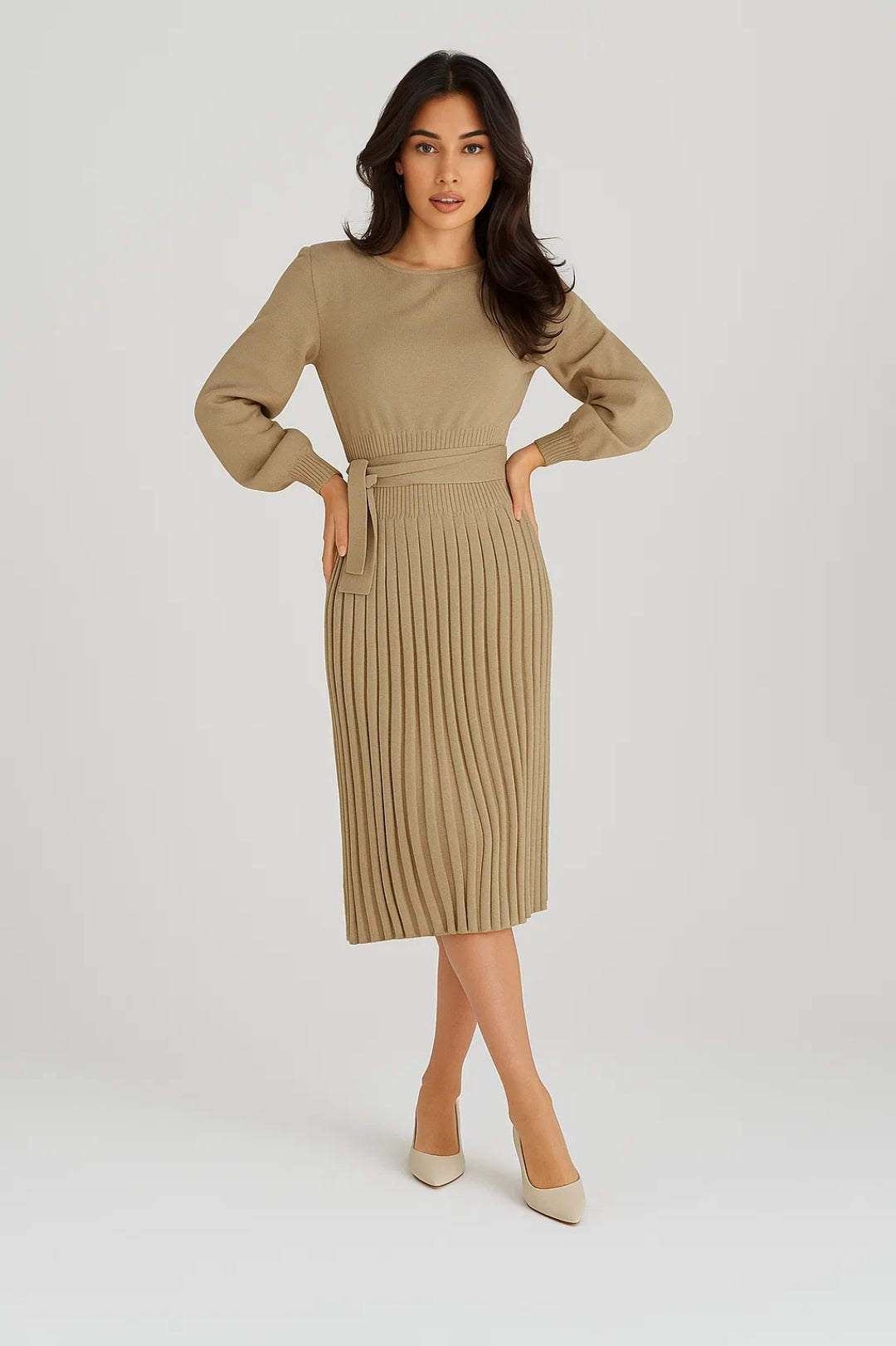 Midi Kleid | Langarm mit Faltenrock | Elegante Schlichtheit