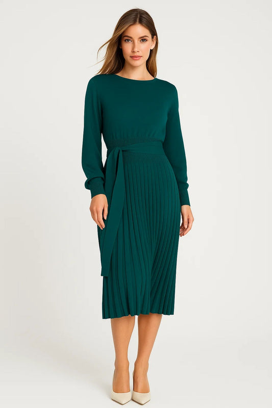 Midi Kleid | Langarm mit Faltenrock | Elegante Schlichtheit