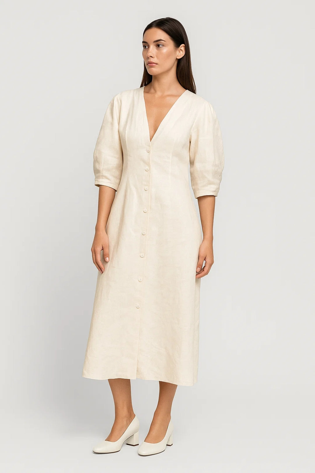 Midi Kleid | V-Ausschnitt mit Knopfleiste | Schlichte Raffinesse