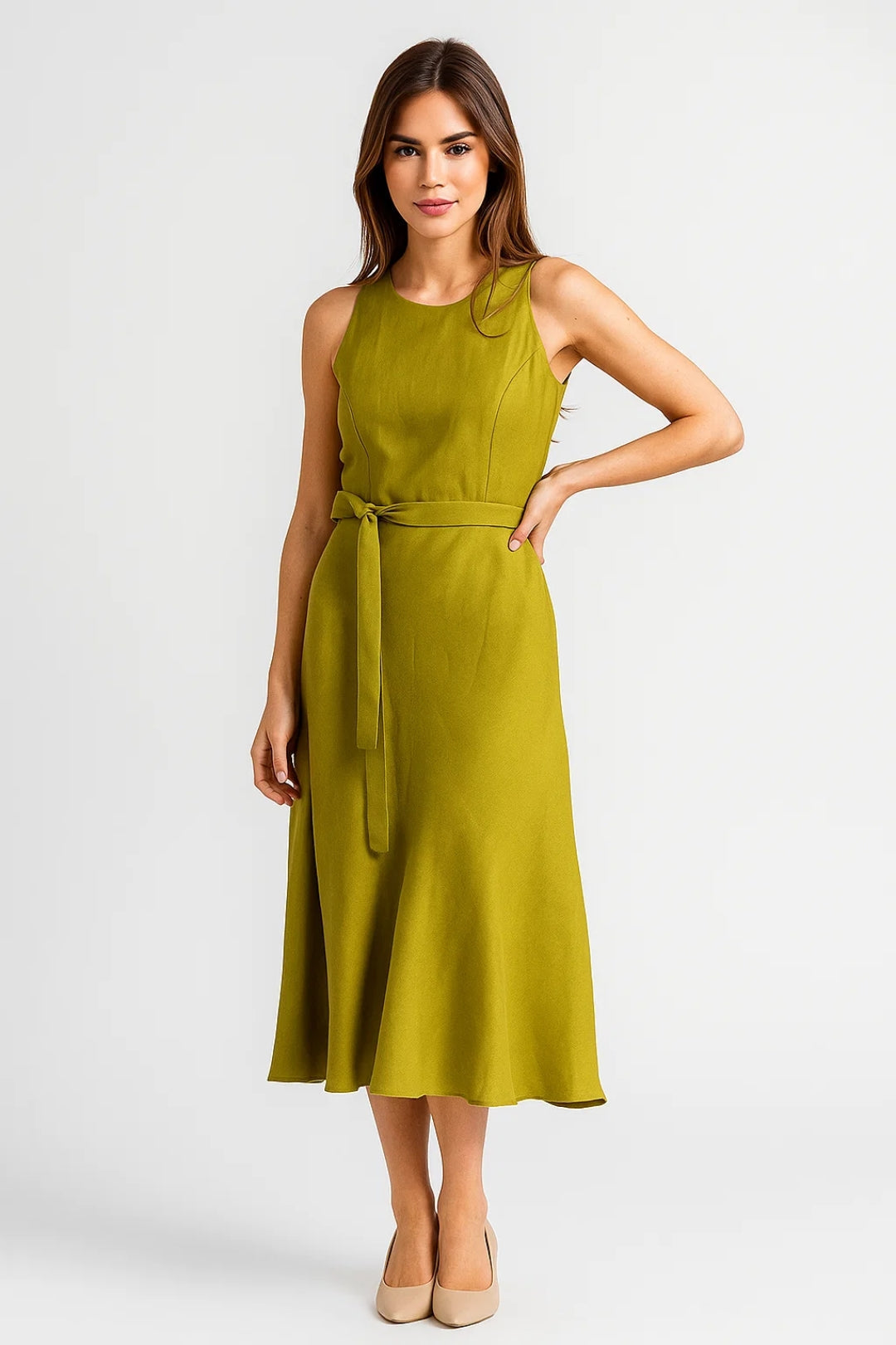 Midi Kleid | Ärmellos mit Bindegürtel | Schlichte Eleganz