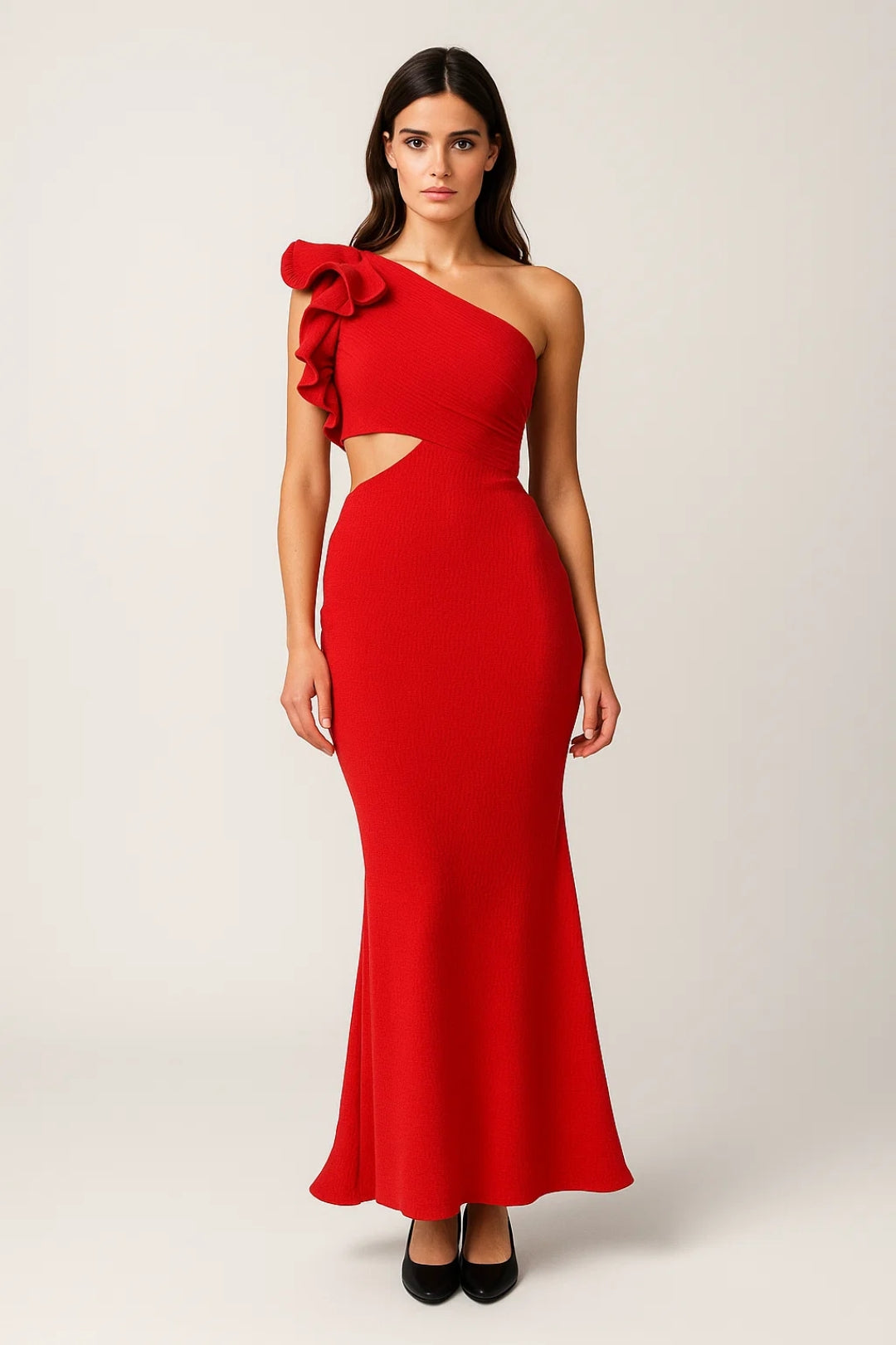 Midikleid One-Shoulder | Rüschen-Detail mit Taillenausschnitt | Ausdrucksstark und Feminin