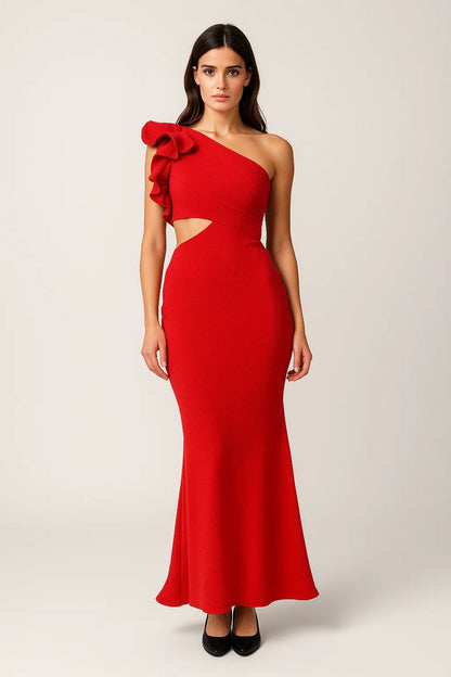 Midikleid One-Shoulder | Rüschen-Detail mit Taillenausschnitt | Ausdrucksstark und Feminin