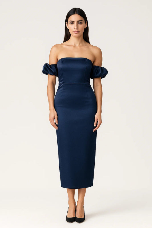 Midikleid | Schulterfrei mit Puffärmeln | Elegante Raffinesse