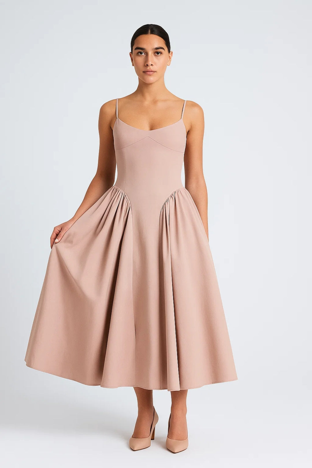 Midikleid | Spaghettiträger | Ausgestellte Form