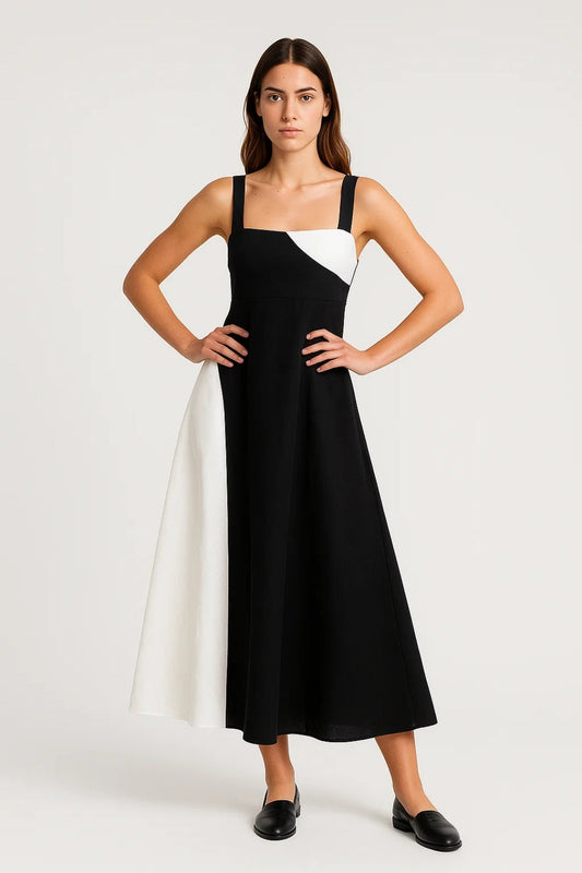 Midikleid mit Trägern | Zweifarbiger Kontrasteinsatz | Modern und Ausdrucksstark