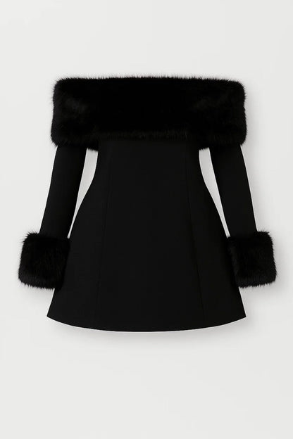 Minikleid mit Kunstfellbesatz | Schulterfrei mit Langarm | Extravagant und Feminin