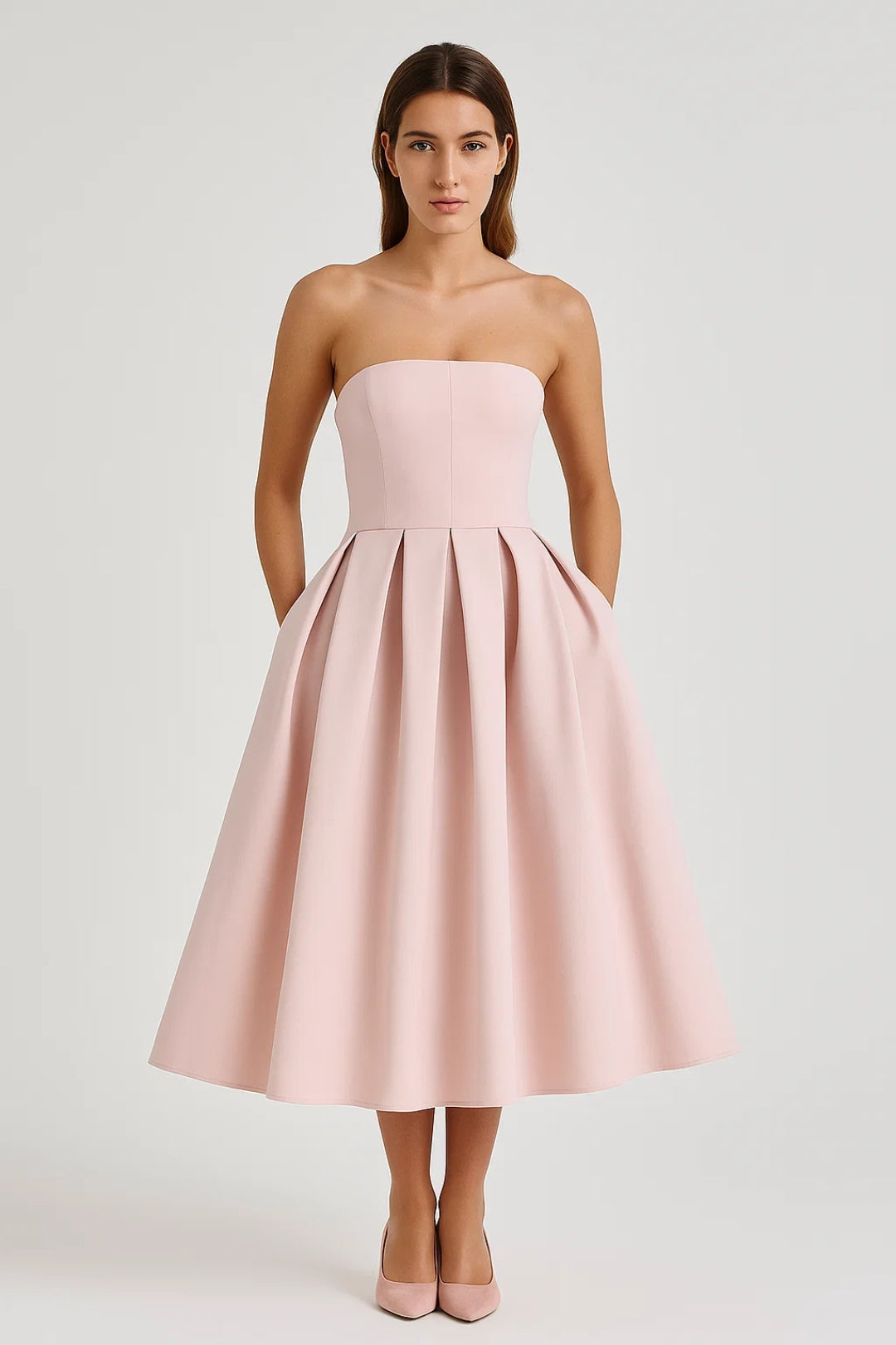 Mittellanges Kleid | Schulterfrei | Faltendetails