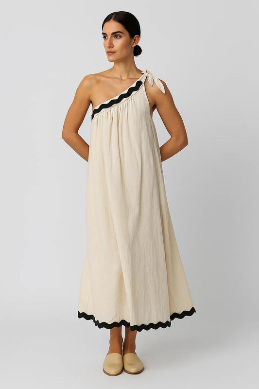 One-Shoulder Midikleid | Lockere Passform mit Wellenkante | Sommerlich und Elegant