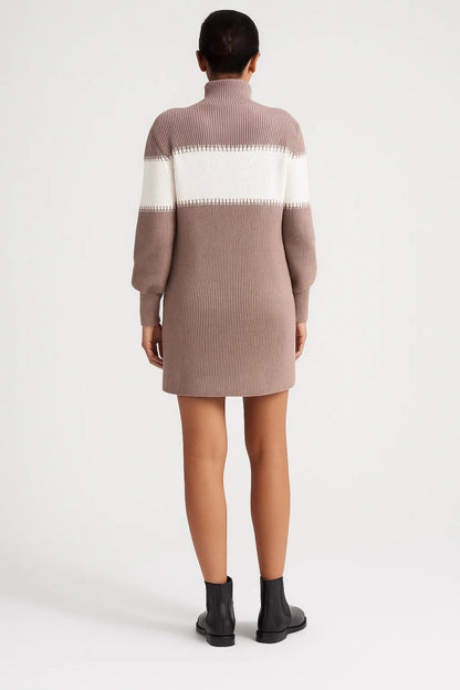 Strick Kleid | Mit Bindegürtel und Farbblock | Winterliche Eleganz