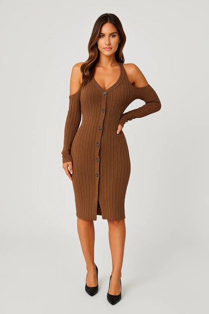 Strick Kleid | Schulterfrei mit Knopfleiste | Figurbetonte Form