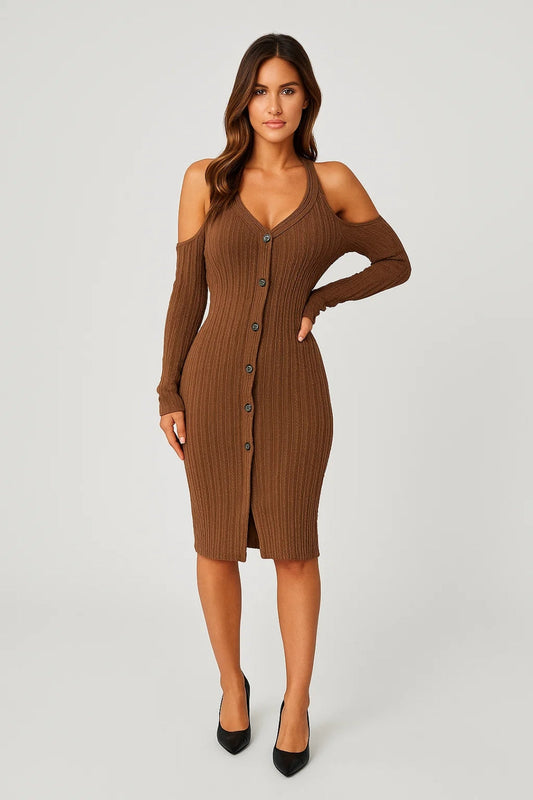 Strick Kleid | Schulterfrei mit Knopfleiste | Figurbetonte Form