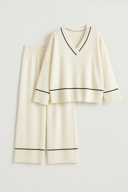 Weite Zweiteilige Set | V-Ausschnitt mit Kontrastkante | Schlichte Eleganz