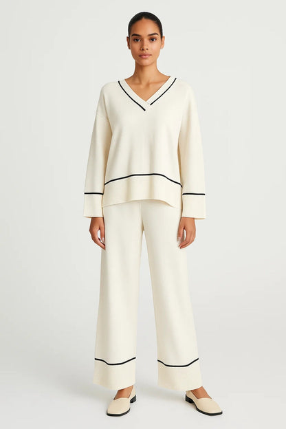 Weite Zweiteilige Set | V-Ausschnitt mit Kontrastkante | Schlichte Eleganz