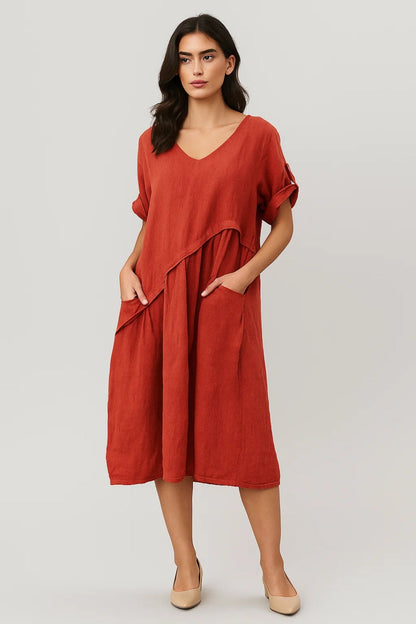 Weites Kleid | Kurzarm mit V-Ausschnitt | Lässige Eleganz