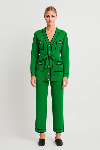 Zweiteiliges Set | Jacke mit Gürtel & Gerade Hose | Elegante Linienführung