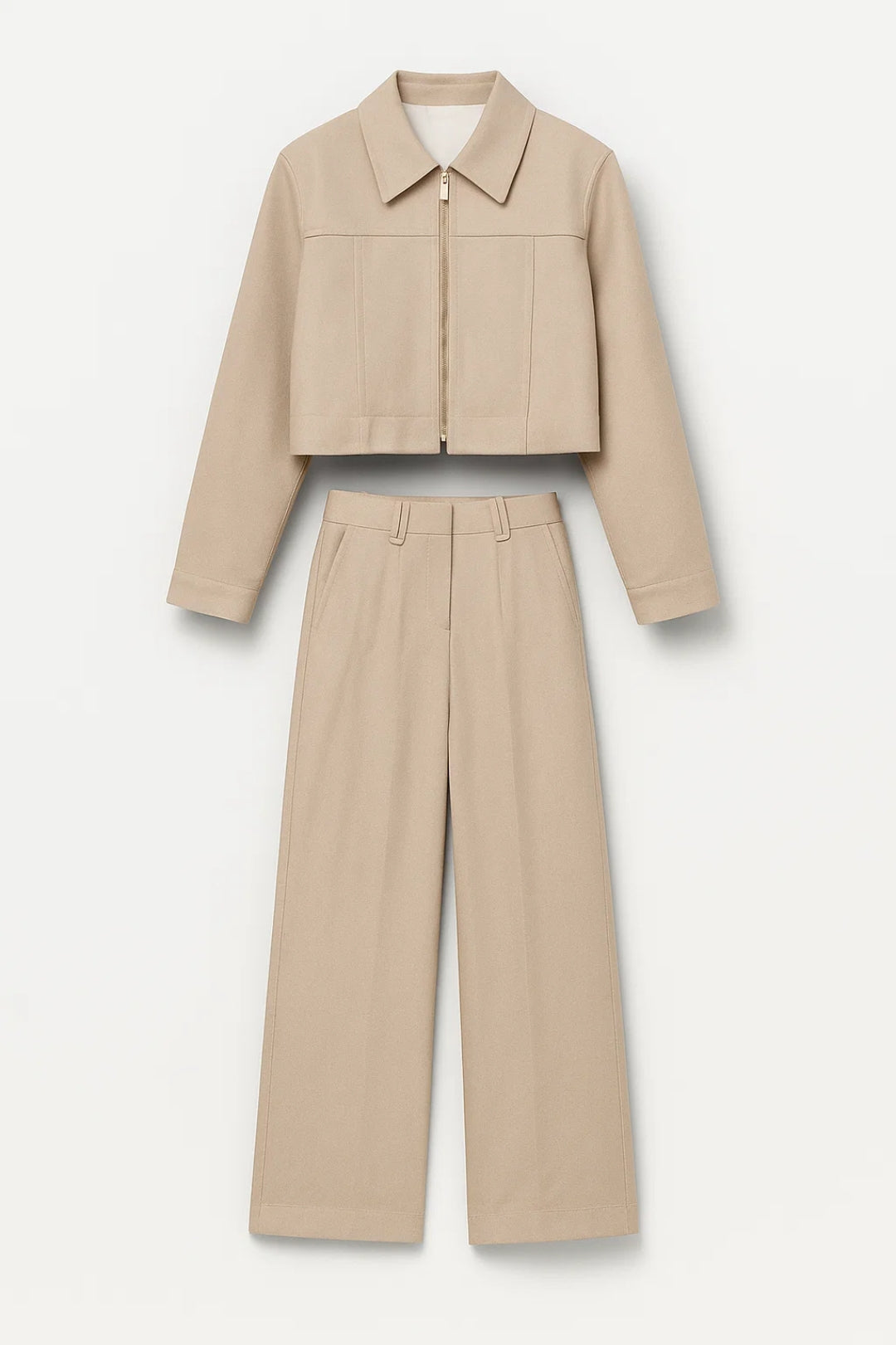 Zweiteiliges Set | Kurze Jacke mit Reissverschluss und weiter Hose | Zeitlose Schlichtheit