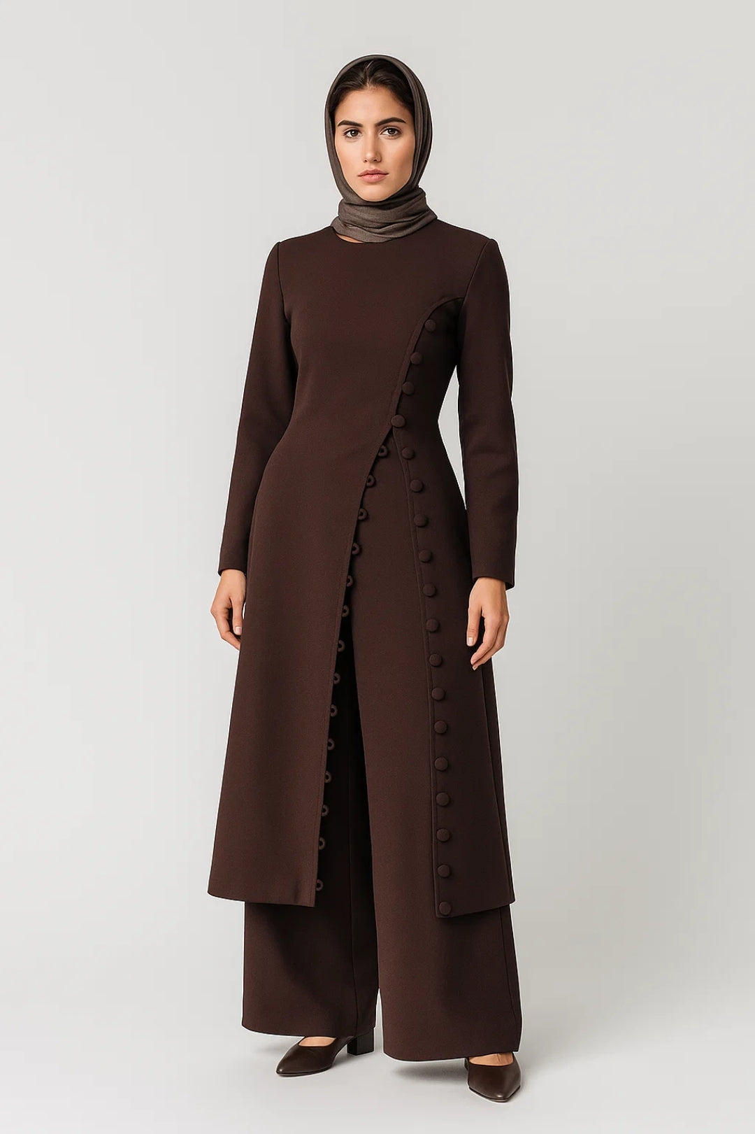 Zweiteiliges Set | Langes Oberteil mit Knopfleiste und Hose | Klassische Eleganz