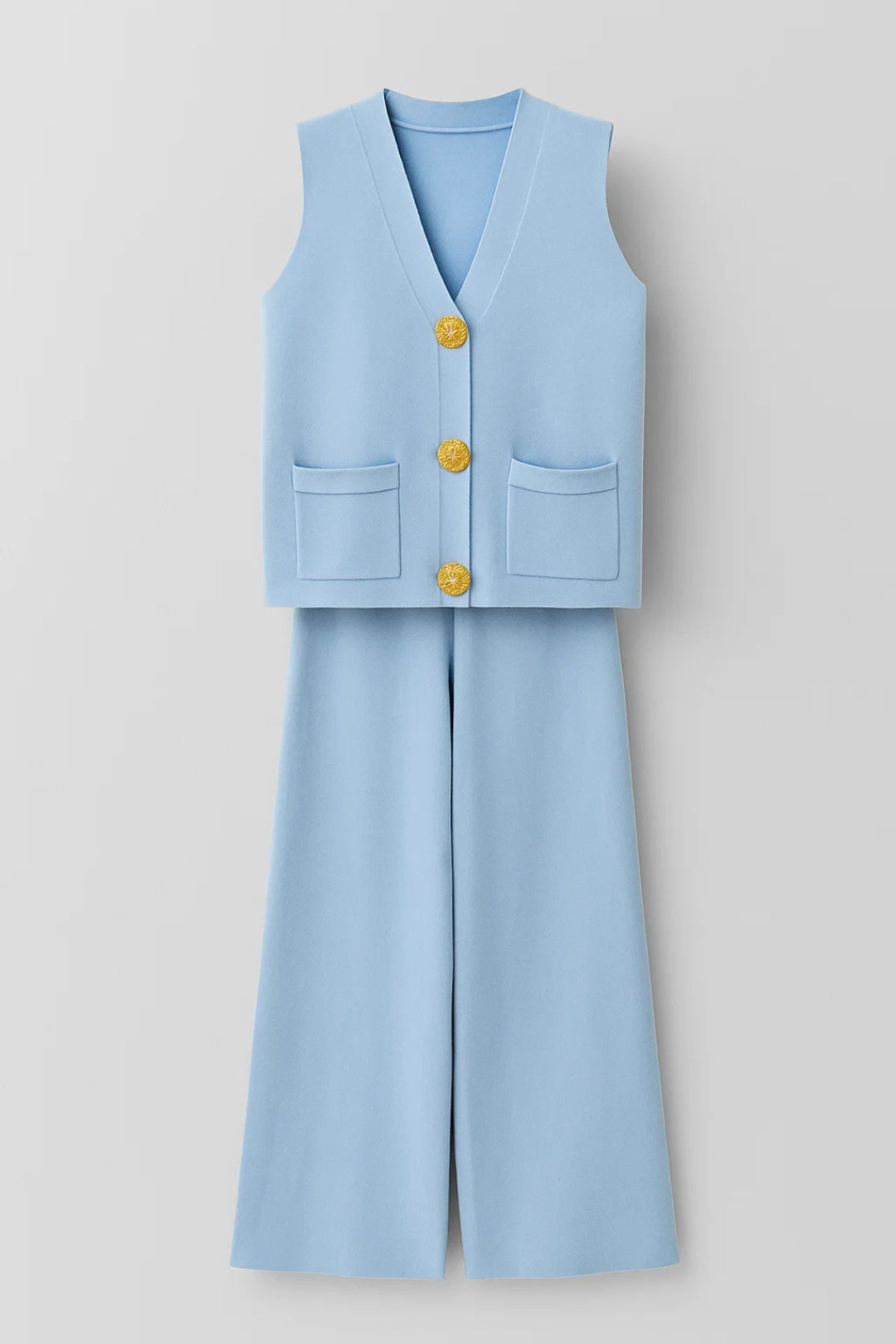 Zweiteiliges Set | Ärmelloses Oberteil mit Knöpfen & Weite Hose | Schlichte Eleganz