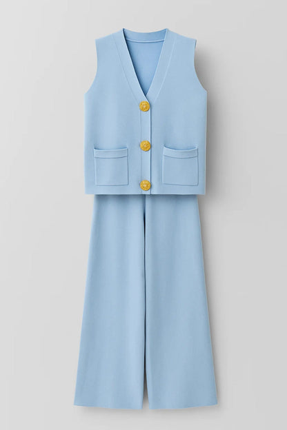 Zweiteiliges Set | Ärmelloses Oberteil mit Knöpfen & Weite Hose | Schlichte Eleganz