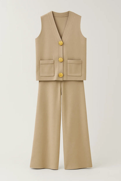 Zweiteiliges Set | Ärmelloses Oberteil mit Knöpfen & Weite Hose | Schlichte Eleganz