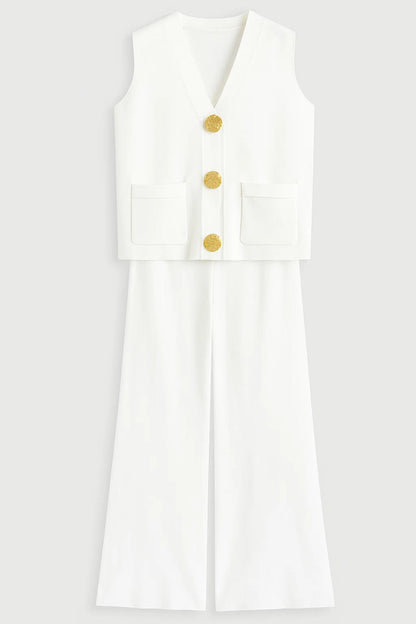 Zweiteiliges Set | Ärmelloses Oberteil mit Knöpfen & Weite Hose | Schlichte Eleganz