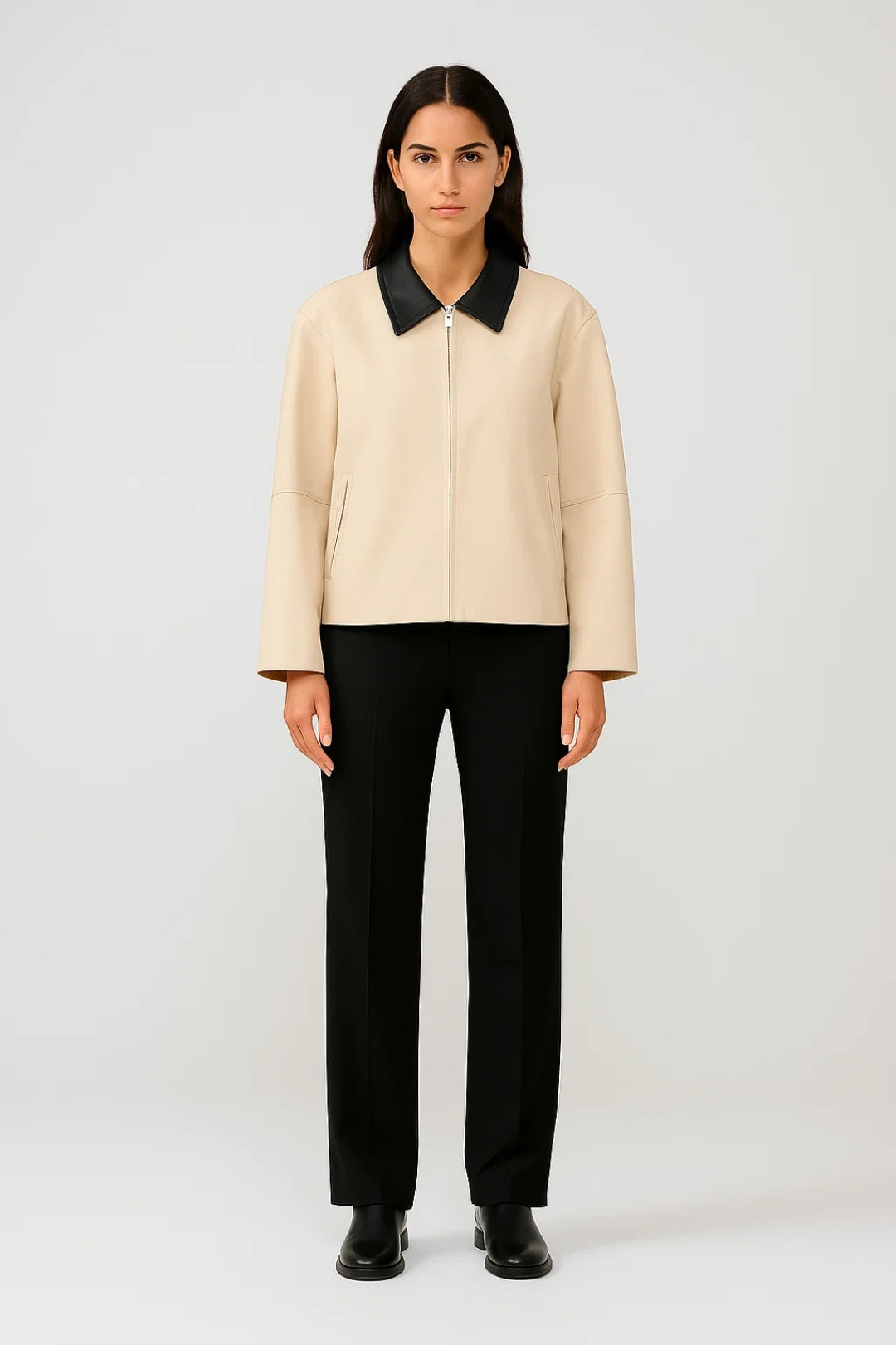 Kurze Damenjacke mit Kontrastkragen | Reissverschluss und klarer Schnitt | Minimalistisch und Zeitlos