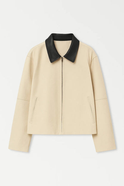 Kurze Damenjacke mit Kontrastkragen | Reissverschluss und klarer Schnitt | Minimalistisch und Zeitlos