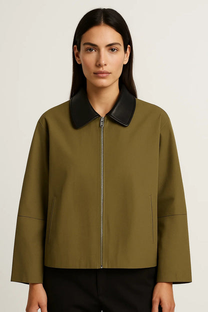 Kurze Damenjacke mit Kontrastkragen | Reissverschluss und klarer Schnitt | Minimalistisch und Zeitlos