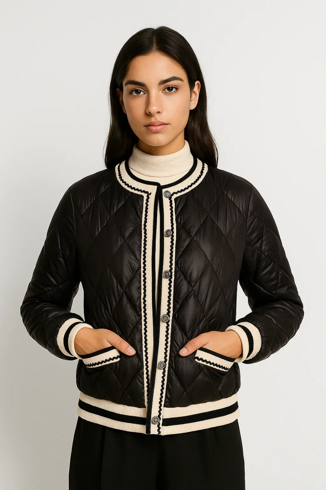 Gestepptes Damenjäckli mit Kontrastbesatz | Kurzer Schnitt mit Knopfleiste | Elegant und Alltagstauglich